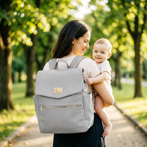 Image of R for Rabbit Caramello Bold Arise Diaper Bag for Mothers, Premium Vegan Leather with Insulated Bottle Pockets, Multi-Compartment Maternity Backpack, Fits 14 inch Laptop, 22 Litre Capacity (Graphite Grey)