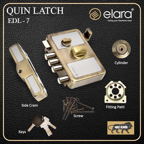 Image of Elara Quinlatch Deadbolt for Main Door, Suitable for Right and Left Handed Doors, Inside Opening Wooden Door Lock with 3 Reversible Brass Keys (Antique Finish, EDL-07)