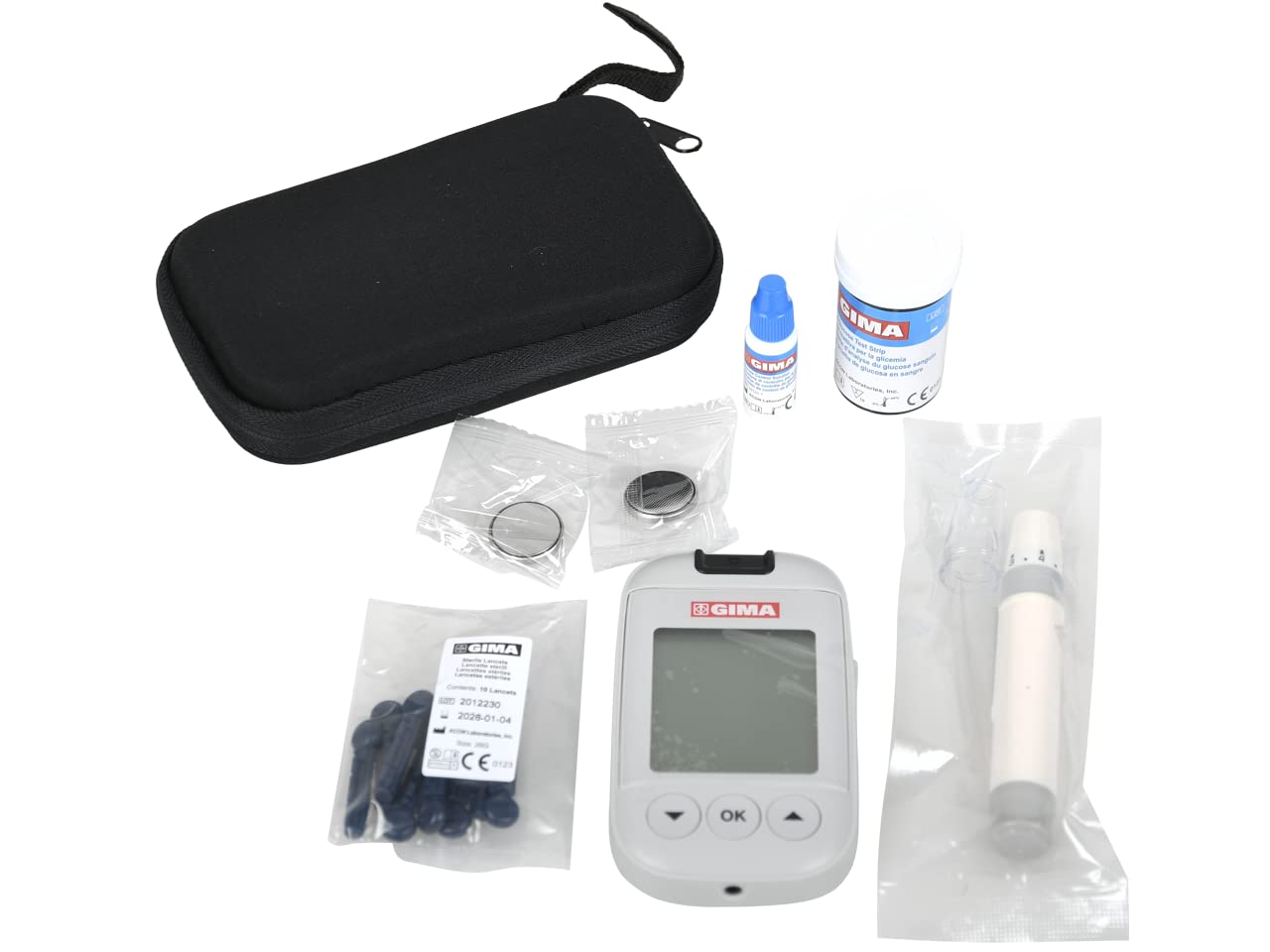 GIMA Misuratore Glicemia Glucometro Kit Completo Per Il Controllo e Il Monitoraggio Del Glucosio Nel Sangue Con 10 Strisce Soluzione Di Controllo 10 Lancette Sterili Penna Pungidito, GB,FR,ES,PT