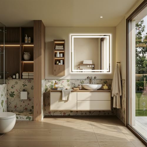 Image of 48x48 LED Bathroom Mirror with Anti-Fog, Backlit & Front Lit, Memory | Stepless Dimmable 3 Color CRI 95+ Shatterproof Tempered Glass ETL Listed for Safety Lighted Bathroom Vanity Mirror for Wall