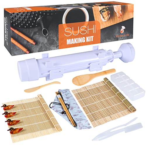 ZeYou Kit Sushi 15 Pcs, Set à Sushis Bazooka DIY, Appareil Sushi Kit Comprenant 2 Natte Bambou pour Sushi, 1 x Rouleau à riz, 1 x Ecarteur à riz, 4 Porte-Baguettes, 4 x Baguettes, 2 x Moule à Sushi Cover
