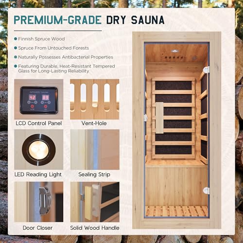 Albott Infrared Sauna 1 Person, Infrared Saunas for Home, 746W/110V Spruce Wood Dry Sauna with Foot Warmer, Easy Assembly – Compact Indoor Spa, 149℉ Fast Heating, LED Light, 27.2"x31.8"x60.2" - Thumbnail 5