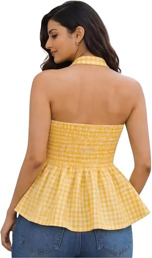 Muhib Women’s Halter Neck Sleeveless Cotton Top | Yellow &amp; White Gingham Check Twist Front Summer Top | Stylish Casual Cro...