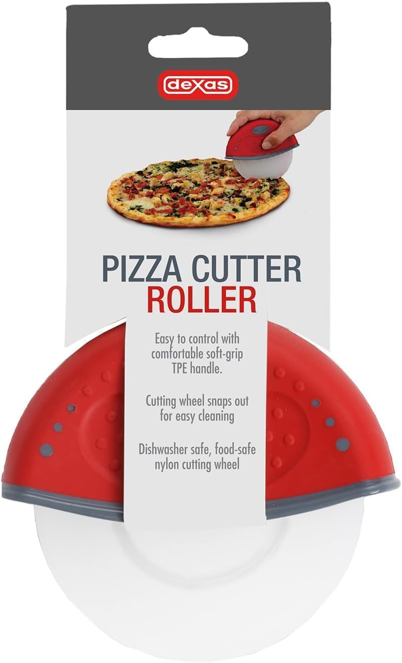 Dexas One-Handed Rolling Pizza Cutter, 4 Inch Nylon Wheel, Ergonomic Handheld Pizza Slicer, Red