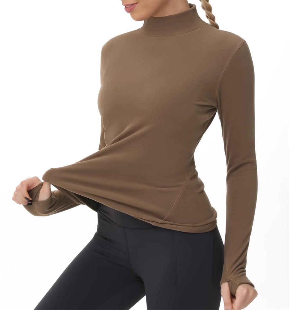 Camicie termiche da donna a maniche lunghe con collo alto, in pile, a maniche lunghe, girocollo, Marrone, M
