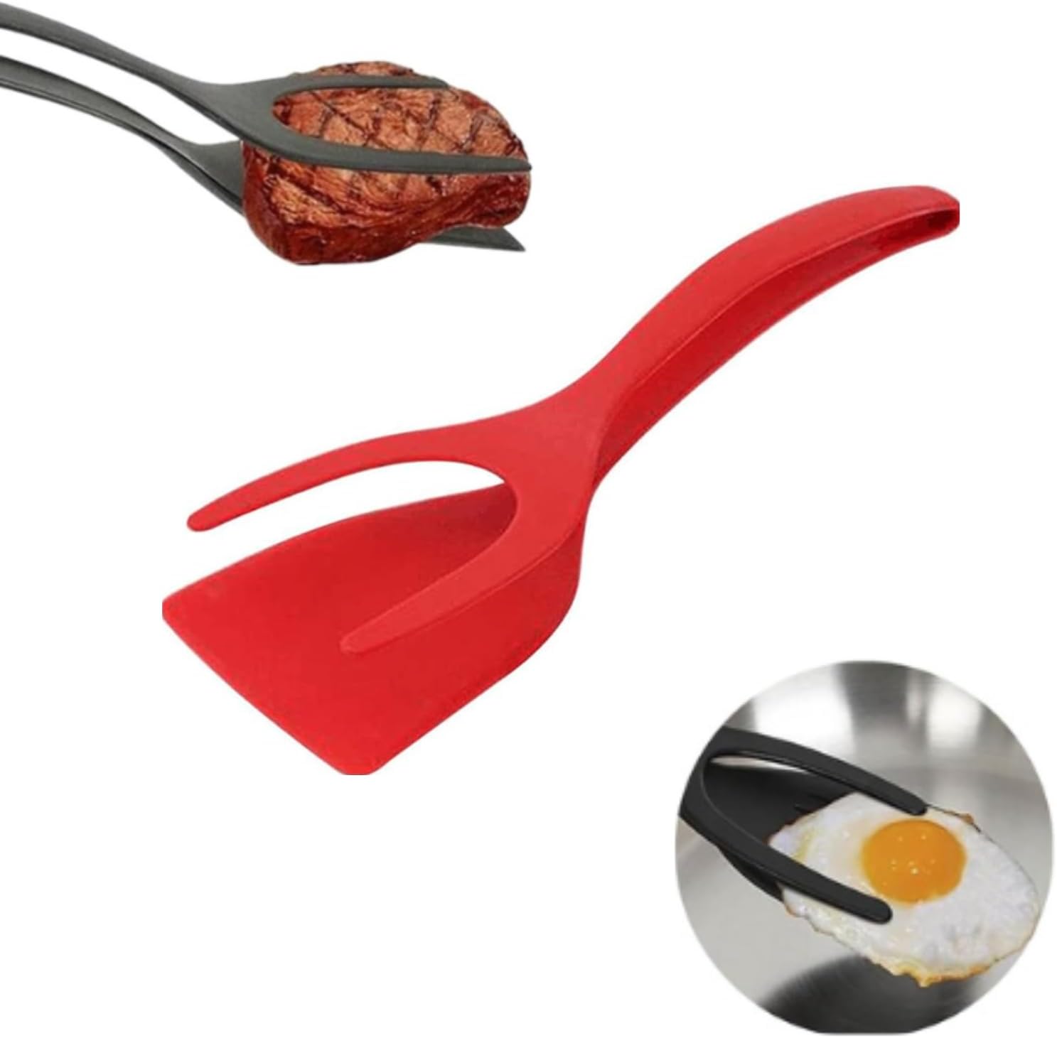 2 in 1 Grip and Flip Spatula Tongs Egg Flipper Tong Pancake Fish French Toast Omelet Making for Home Kitchen Cooking Tool,Of Silicone With Non-Stick Coating Food Grip Egg Tongs (red) 1