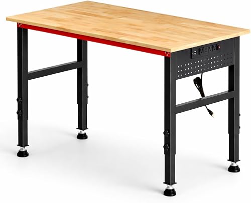 48" Workbench with Feet, Adjustable Height Workbench with Power Strip & Pegboard, 2000LBS Load Capacity Solid Wood Top Work Table with Reinforced Steel Frame for Garage, Workshop, Office, Home