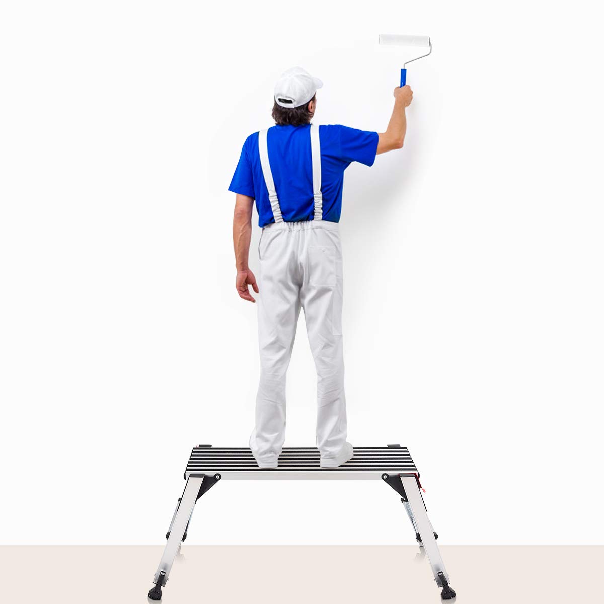 GOPLUS Plataforma de Trabajo de Aluminio, Escalera Plegable con Cerradura de Seguridad, Carga hasta 150 kg, Banco Estable con Alfombrilla Antideslizante para Taller Hogar