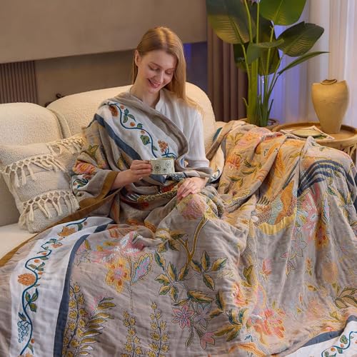 Image of XIBLC Boho Blanket, 100% Cotton Farmhouse Decorative Throw Blanket, 80 inchx90 inch Reversible Bohemian Throw Blanket, Brown All Season Muslin Breathable Woven Blankets Quilt