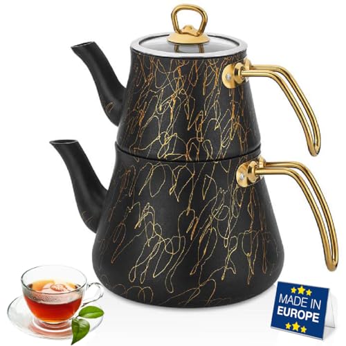 Hakan Black & Gold Turkish Tea Pots Set for Stove Top, Granite Double Teapot Set with Stainless Steel Handle, Samovar Style Tea Kettle, 42.3 oz Tea Pot with Lid + 93 oz Water Pot, Total 4.22 qts