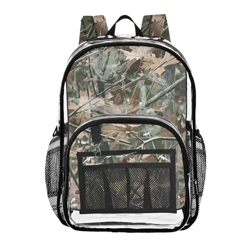 Camo Forest Trees Leaves Clear Backpack PVC Transparent Backpack Lightweight Book Bags Capacity Clear Bag for Boys Girls