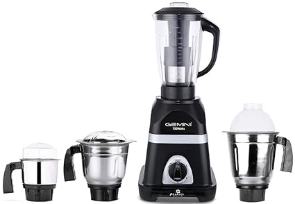 Gemini Diaa 750W Mixer Grinder with 3 Stainless Steel Jars and 1 Juicer Jar (1 Wet Jar, 1 Dry Jar and 1 Chutney Jar), Black.Make in India(ISI Certified)
