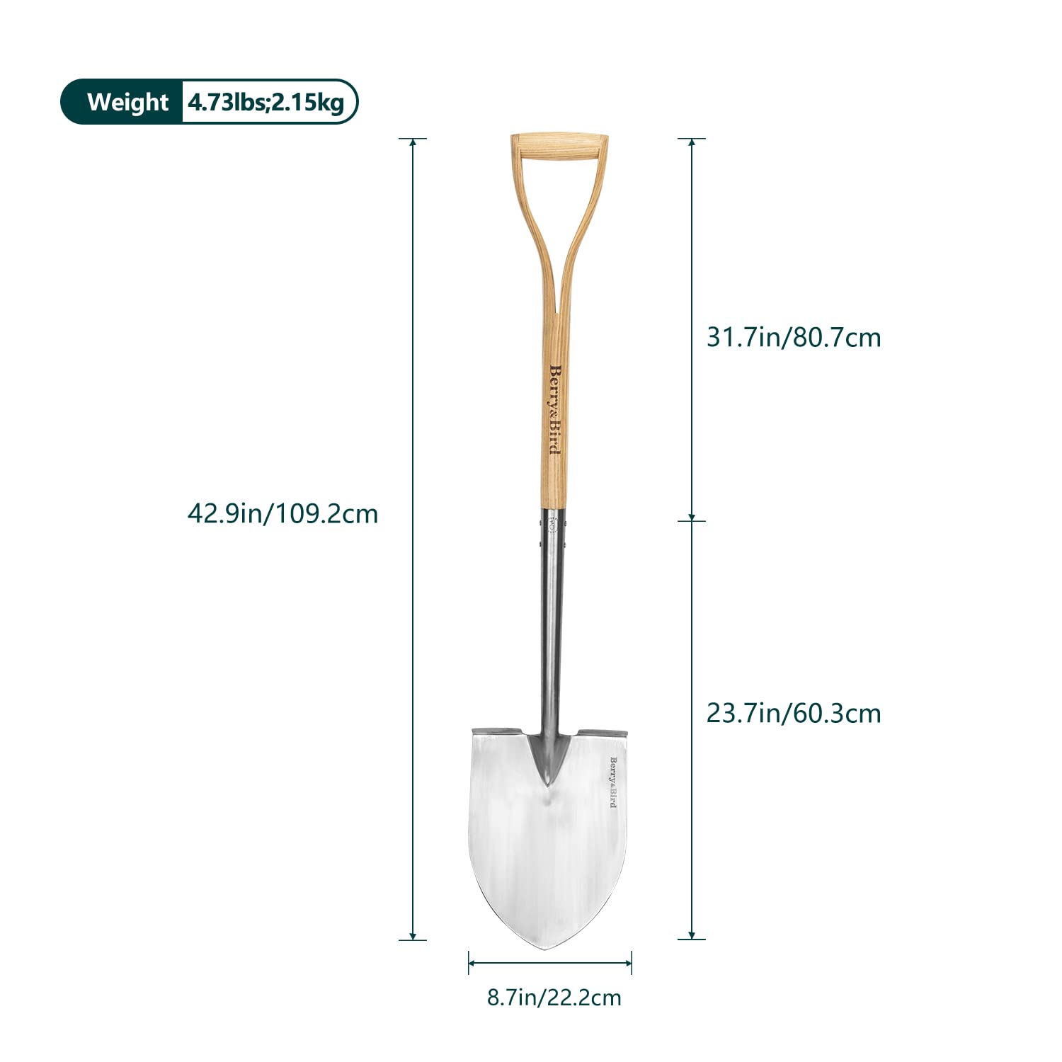Berry&Bird Palas para excavar, pala redonda de 43 pulgadas, pala resistente con mango en D de madera, pala de nieve de acero inoxidable, pala de jardín para trasplante y exterior