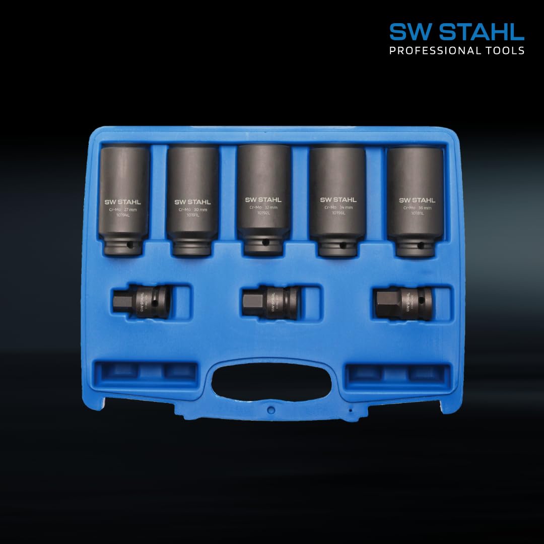 SW STAHL Juego de 8 Vasos de Impacto de 1/2", 12 Caras, 10185L | Juego de llaves de vaso de impacto de 1/2 pulgada, perfil de doce caras, estriados, 8 piezas de acero, ref. 10185L
