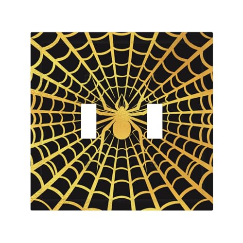 Decorative Switch Plate Covers Black Background with Golden Spiderweb Spider 2 Gang Light Switch Cover Plate Unique Double Toggle Wall Plate Outlet Covers for Bedroom Home Decor
