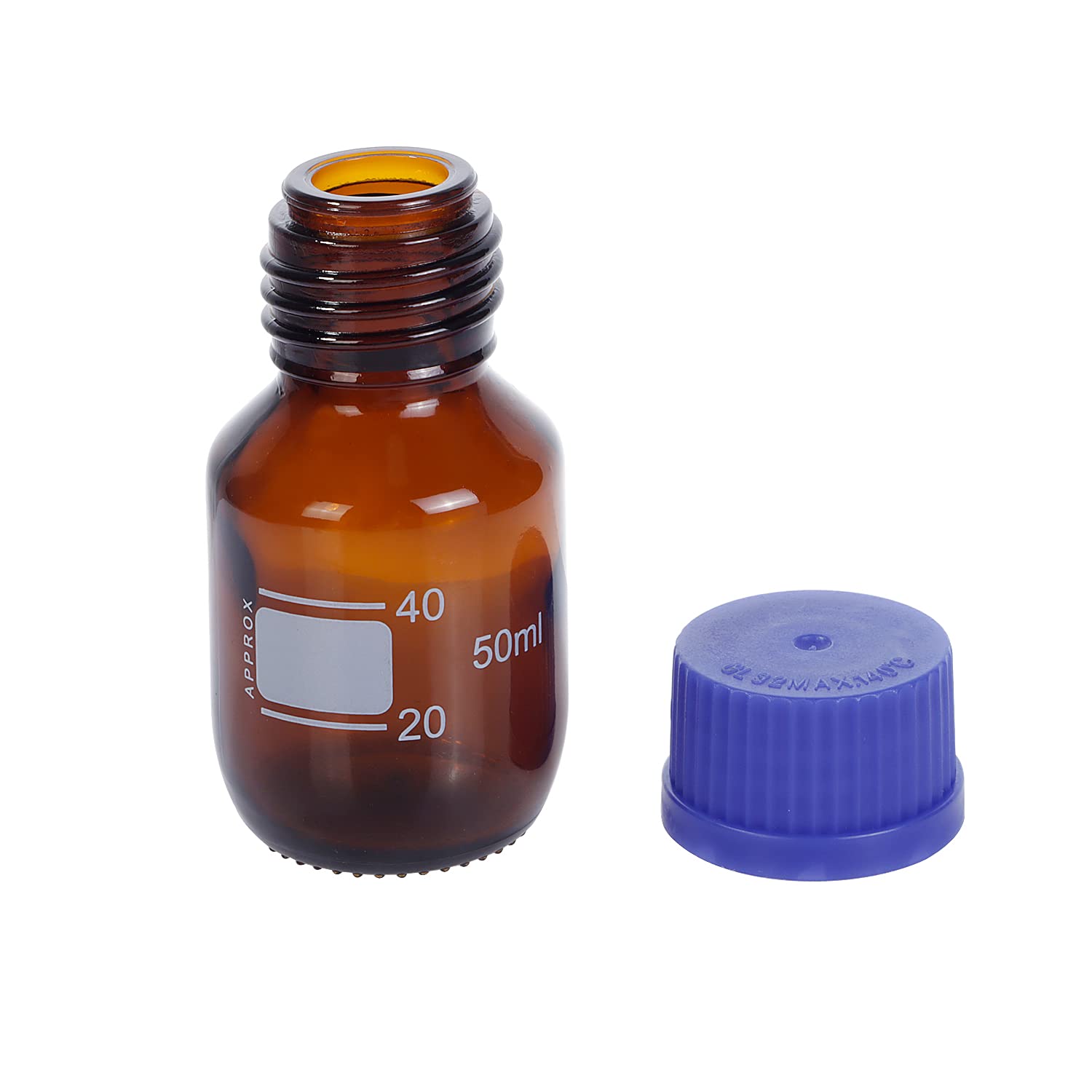 Paquete de 10 botellas de vidrio borosilicato ámbar de 50 ml graduadas redondas de laboratorio reactivo/almacenamiento con tapa de rosca azul GL45
