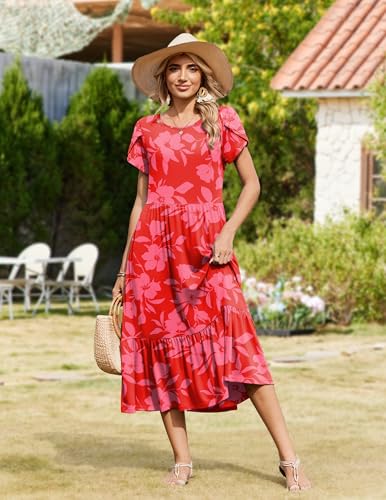 Image of Zeagoo Women Summer Midi A Line Dress Short Sleeve Casual Flowy Tiered Beach Long Sundress with Pockets 2026 Vacation Travel