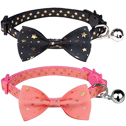2PCS Breakaway Cat Collars with Bowtie and Bell Golden Stars Pattern Safety Kitten Collars, Adjustable from 7.0-12.5 Inch(Black&Pink)