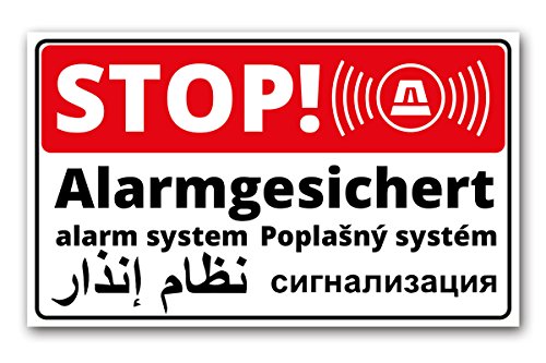 Stop - Alarmgesichert Schild - 5-sprachig | Deutsch | Englisch | Arabisch | Tschechisch | Russisch 25x15 cm