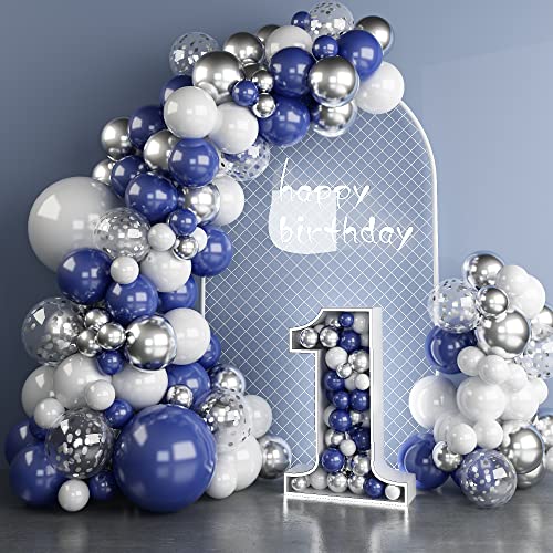 Blue and Silver Balloon Garland Arch Kit, 108 Pcs Navy Royal Blue White Metallic Chrome Silver Confetti Latex Balloons Garland for Boys Men Birthday Baby Shower Wedding Graduation Party Decorations