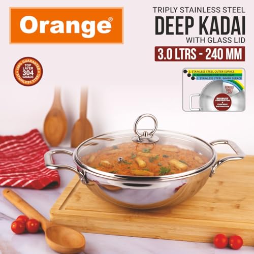 Image of Orange Stainless Steel Triply 3 pc Combo Cookware Set | (Kadai 3ltr, 24cm) & (Fry pan 1.5ltr, 22cm) with Glass lid | Induction Friendly | 2.5mm Thickness | 5Year Warranty | Silver