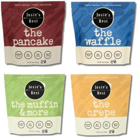 Josie's Best Gluten Free Mixes Variety Pack of Certified Gluten Free Baking Mixes. GF Pancake Mix, Gluten Free Waffle, Gluten Free Crepe Mix, & Gluten Free All Purpose Blend (Top 9+ Allergen Free)