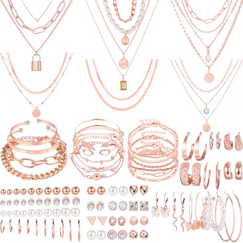Image of NEWITIN 69 Pieces Gold Jewelry Set for Women Fashion Costume Jewelry Gold Plated Necklace Bracelet Earrings Set for Women