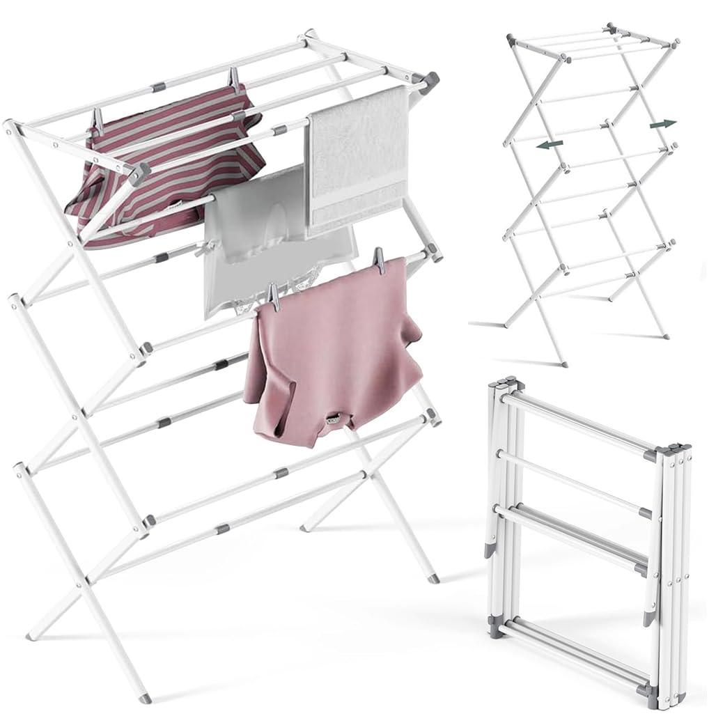 Goodern 3-Tier Foldable Laundry Rack,Expandable Adjustable Portable Clothes Drying Stand for Space Saver Air Drying Clothing,Iron Sturdy Durable Clothes Towel Dryer Indoor, Outdoor, Balcony,White