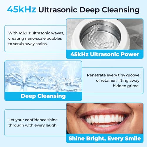 Image of Ultrasonic Retainer Cleaner Machine, Denture Cleaner for Mouth Guard, Night Guard, Aligner, Dentures, Jewelry, Toothbrush Heads, 45kHz 250ML UV Ultrasonic Denture Ultra Sonic Cleaning for Retainers
