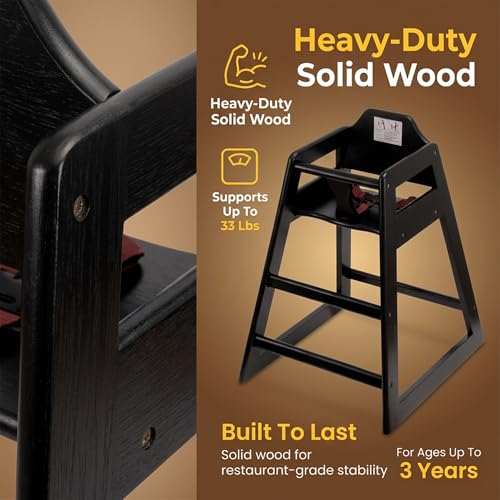 Image of Black Wooden Restaurant High Chair - Stackable Rubberwood Dining Chair with Safety Bar, Easy-Clean Finish, Commercial Restaurant Seating