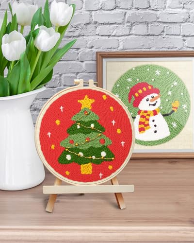 Image of ERKOON Christmas Punch Needle Kit Adults Beginners, 2 Pcs DIY Easy Embroidery Set for Starter Art Craft, Needling Punch Project with Patterns, Tools, Yarns, Hoop, Instruction (ChristmasTree & Snowman)