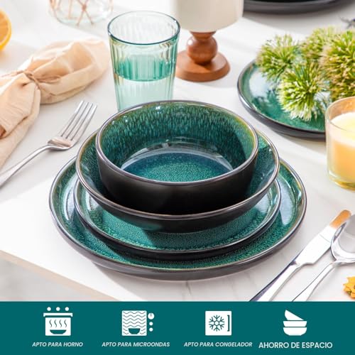 Miniatura 4 de Vancasso Playa Vajillas Completas 6 Personas, Platos Vajilla 24 Piezas De Gres - 6 Platos Llanos, 6 Platos De Postre, 6 Platos Hondos Y 6 Cuencos - Esmaltado Reactivo Verde, Apto Para Lavavajillas