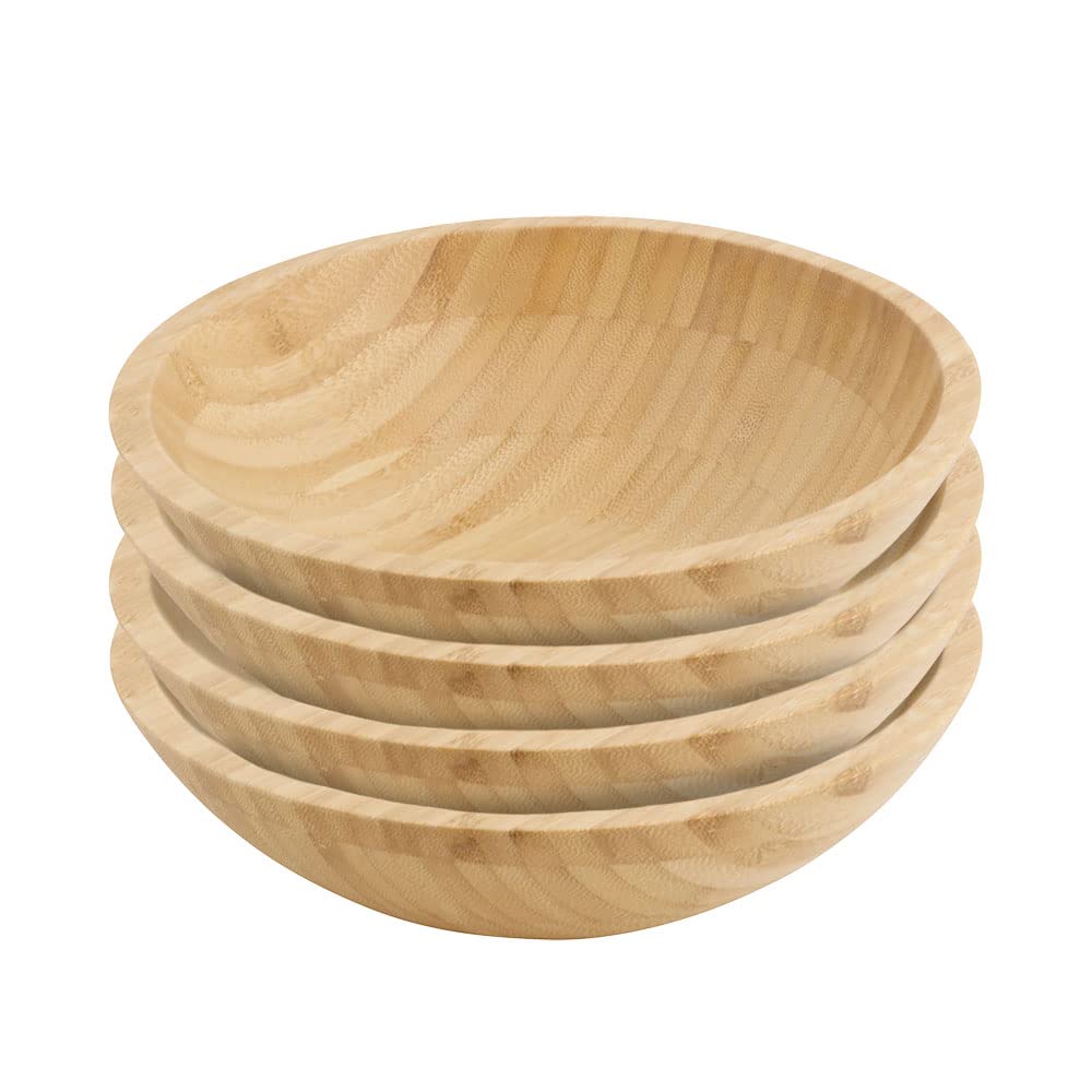 BIOZOYG Bamboeschaal, rond, 19,5 cm, voor koude en warme gerechten, soepkom, duurzaam serveerservies, pastaschaal, boeddha-bowl-kom, feestservies, grote mueslischaal 660 ml, set van 4