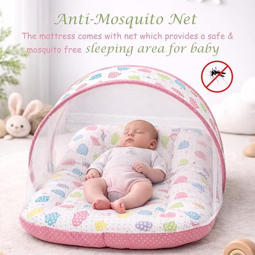 Image of Fareto Combo of Baby Bed with Net | Carry Bag | 4 Pcs Bedding Set (0-6 Months, Baby Size, Cotton) (Peach Sprial)