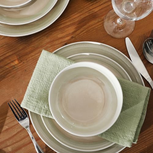 Image of Gibson Elite Island Bay 12-Piece New Bone China Dinnerware Set Service for 4, Reactive Glaze Plates and Bowls, Dishwasher and Microwave Safe, Cream and Green