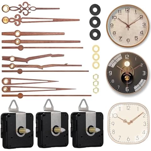 EMOON 3 Pieces Quartz Clock Mechanism Replacement Kit Long and Short Shaft Length with 4 Types of Walnut Wood Clock Hands DIY Clock Repair Parts (Total Shaft Length 16mm,20mm,23mm) Cover