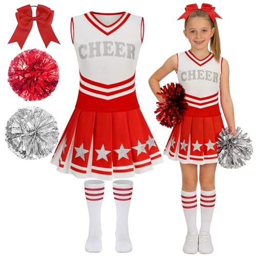 Girls Cheerleader Costume 5 PCS Shiny Star Style Kids Cheerleader Outfit with Pull Ring Pom Poms, Top, Skirt