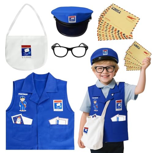 Kids Mailman Costume Set - Halloween Mail Carrier Costume for Boys Girls Community Helpers Postal Worker Uniform Set with Mail Bag, Toddler/Boy Dress Up Outfit, Pretend Play, Role Play & Career Day（M）