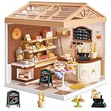 Loyratche Bread Shop Miniature House Kit with LED Light, DIY Mini Dollhouse with Roof & Dust Covers for Mini Figures Tiny House Toy for Adults