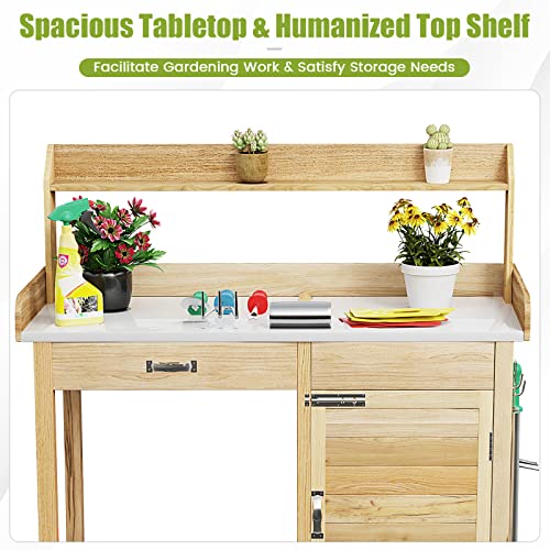S-AFSTAR-Outdoor-Potting-Bench-Table-Wooden-Garden-Work-Station-with-Drawer-Storage-Cabinet-Open-Shelf-Side-Hooks-Metal-Tabletop-Gardening-Workbench-Potting-Benches-for-Outside-Backyard-Balcony S AFSTAR Outdoor Potting Bench Table Wooden Garden Work Station with Drawer Storage Cabinet Open Shelf Side Hooks Metal Tabletop Gardening Workbench Potting Benches for Outside Backyard Balcony