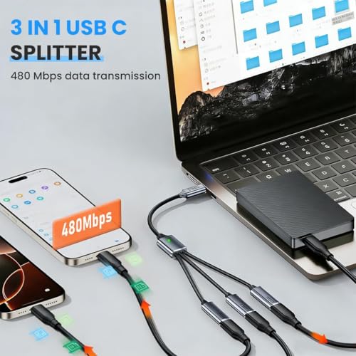 Image of Tobo USB C Splitter 1 in 3 Out with Type A Male to Type C Female Adapter, USB C 1 Male to 3 Female Y Splitter Extension Charging Cable for Tablet, Hard Drive, etc (TD-1608CC)