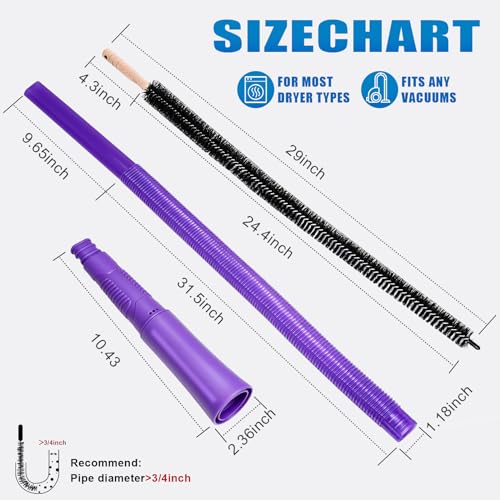 Image of 3 Pieces Dryer Vent Cleaner Kit: Vacuum Hose With Brush & Gloves Fits for Vacuums Cleaner, Refrigerator Condenser Coils, Tight Spaces Behind Appliances, Deep Cleaning Tools for Clogged Ducts- Purple