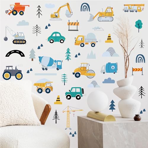 Image of Construction Wall Stickers - 6 Sheets 90 Pcs Construction Themed Trucks Excavator Crane Wall Decals Peel and Stick Wall Decors for Kids Baby Bedroom Boys Room Nursery Playroom