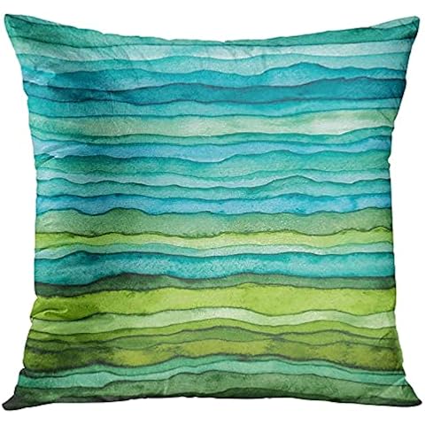 Golee Throw Pillow Cover Abstract Bright Blue and Green Waves Hand Drawn Striped Watercolor Brush Dye Decorative Pillow Case Home Decor Square 18x18 Inches Pillowcase Cover