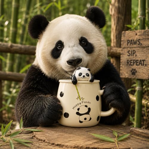 Image of BonZeal Panda Mug 450 ML Ceramic Coffee Mug with Lid & Spoon Gift for Kids