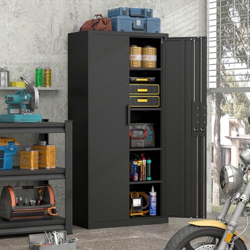 Image of Black Storage Cabinet, Metal Garage Storage Cabinets with Adjustable Shelves, 72.05 inch H Heavy Duty Tall Cabinet with Locking Doors, Steel Organizer for Basement, School