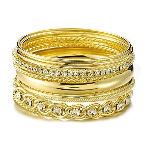Ensoul Twisted Multiple Metal Bracelets & Bangles Set for Women 12Pcs/Set W/Clear Rhinestones