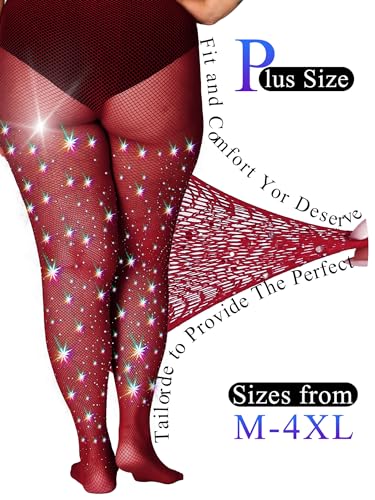 Image of HONENNA Queen Plus Size 10X Strong Rhinestone Fishnet Stockings, Ultra Sparkly High Waist Tights for Women, Party Concert