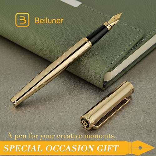 Image of BEILUNER Gold Fountain Pen,Stunning Luxury Pens with 24K Gold Finish, Gorgeous 24K Gilded Nib(Fine), Trustworthy Pen Gift for Men&Women -Ink Converter-Elegant, Professional, Nice Pen for Writing