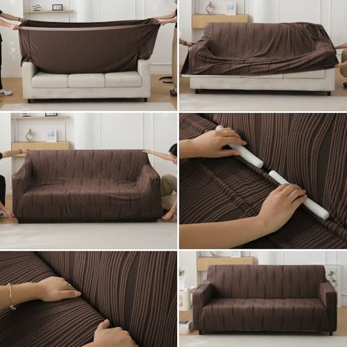 Image of HOKIPO 4 Seater Sofa Cover - 200 GSM Premium Jacquard Stretchable Fully Covered Slipcover,' Nestiva Series' Chocolate Brown (NEW-AR-5310-BR)